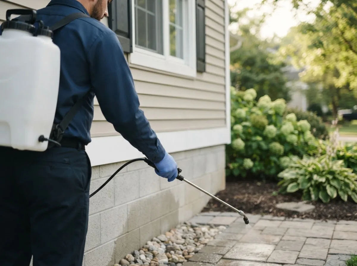 Pest control technician inspecting a home in Pleasant Garden, NC